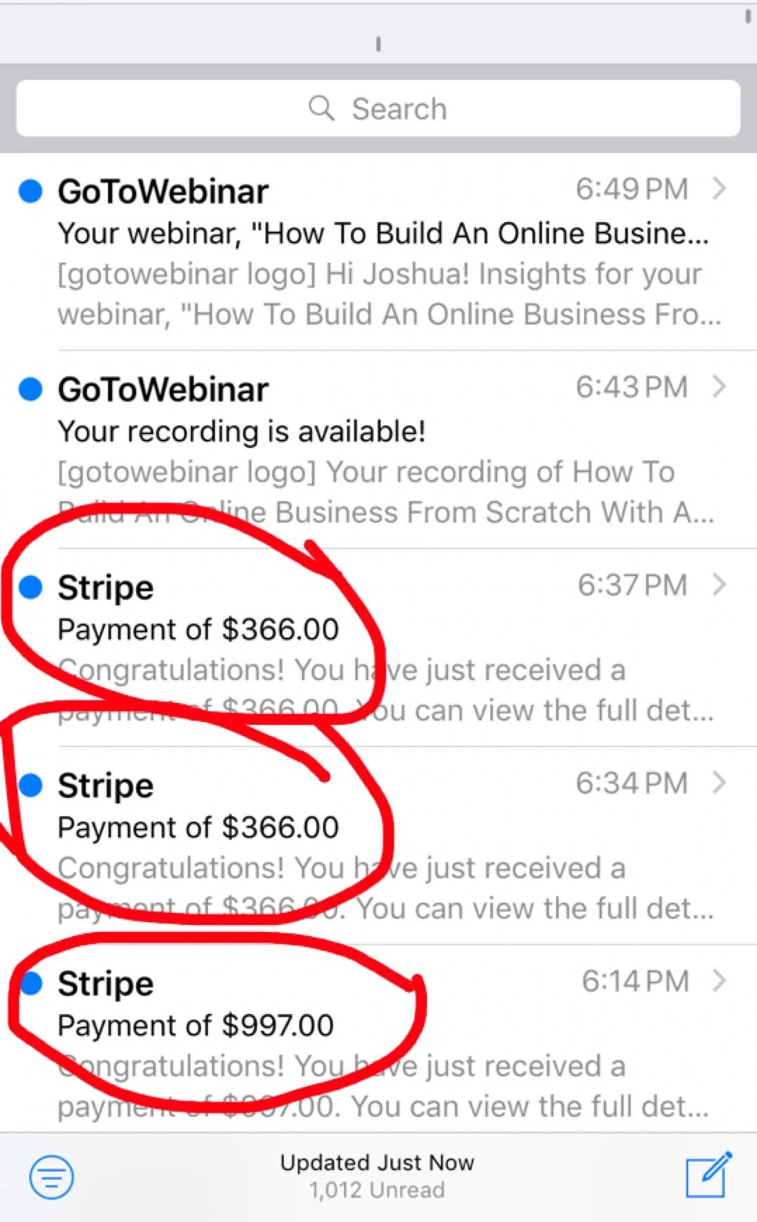 Email inbox showing Stripe payment notifications of $997.00 and two payments of $366.00