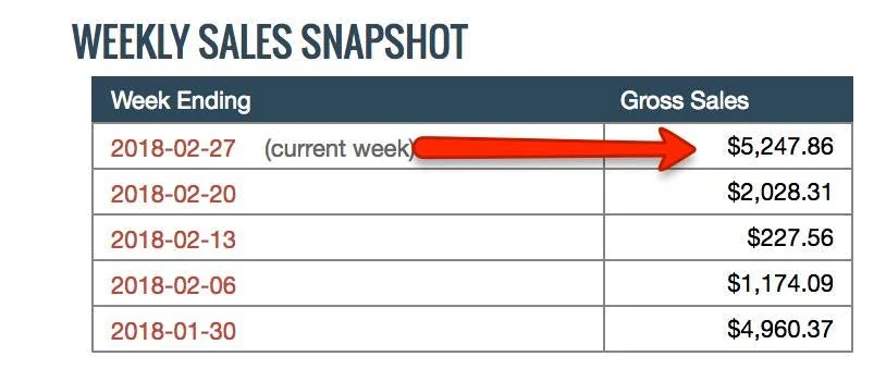 Weekly sales snapshot table showing gross sales by week ending, including $5,247.86