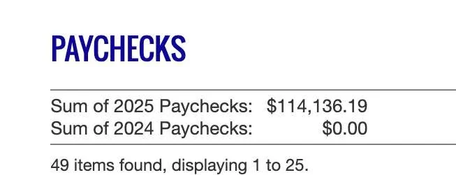 Affiliate paycheck summary showing 2025 paychecks totalling $114,136.19