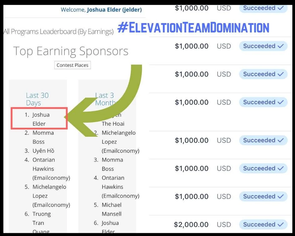 Top earning sponsors leaderboard next to a list of $1,000.00 succeeded payments